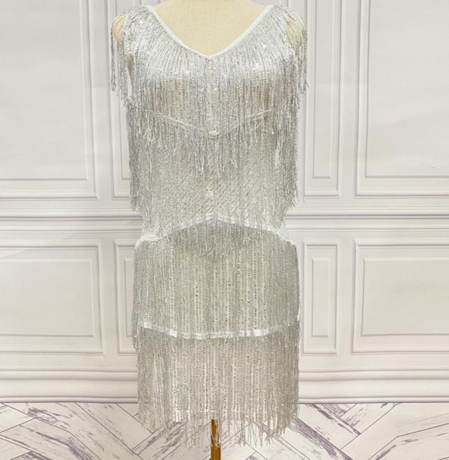Tiered Tassel Fringe V Neck Mini Dress - Silvery