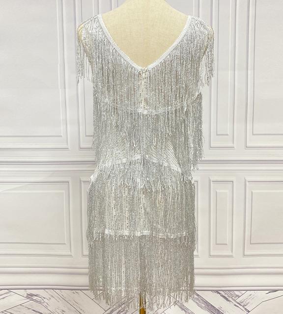 Tiered Tassel Fringe V Neck Mini Dress - Silvery - 2