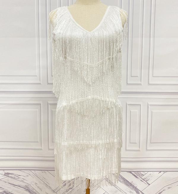 Tiered Tassel Fringe V Neck Mini Dress - White
