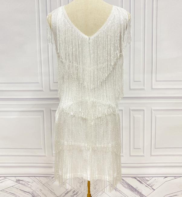 Tiered Tassel Fringe V Neck Mini Dress - White - 1