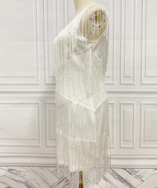 Tiered Tassel Fringe V Neck Mini Dress - White - 2
