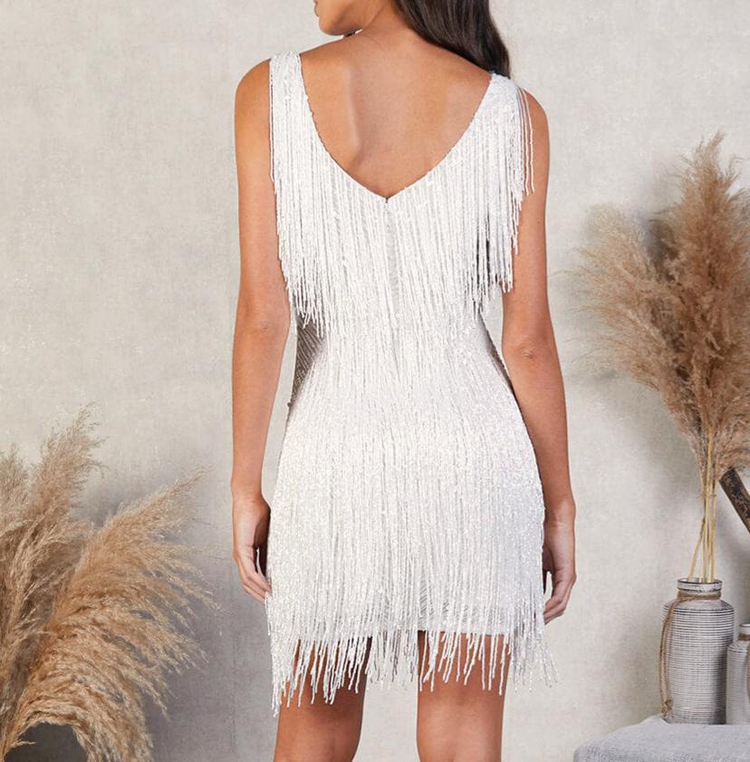 Tiered Tassel Fringe V Neck Mini Dress - White - 3