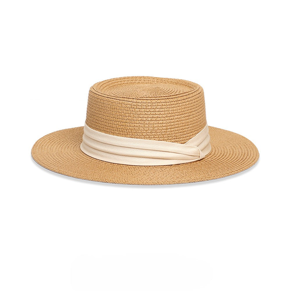 Flat Top Ribbon Band Straw Boater Hat - Color_1