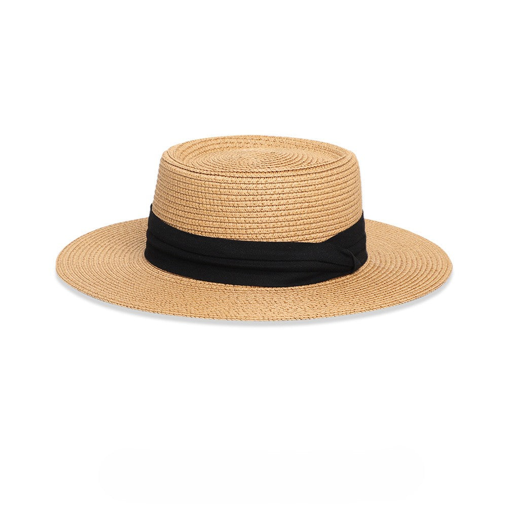 Flat Top Ribbon Band Straw Boater Hat - Color_2