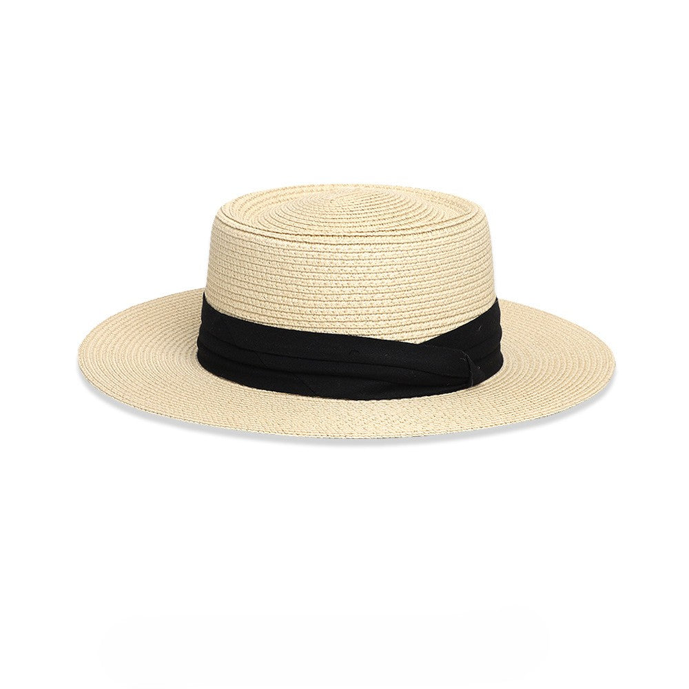 Flat Top Ribbon Band Straw Boater Hat - Color_3