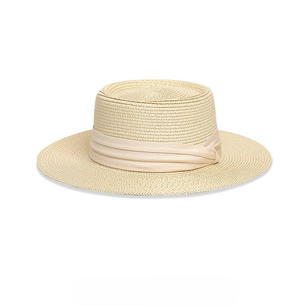 Flat Top Ribbon Band Straw Boater Hat - Color_4