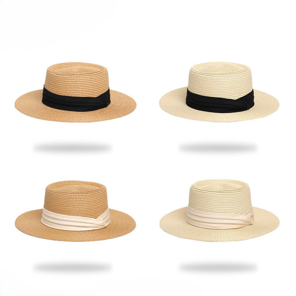 Flat Top Ribbon Band Straw Boater Hat