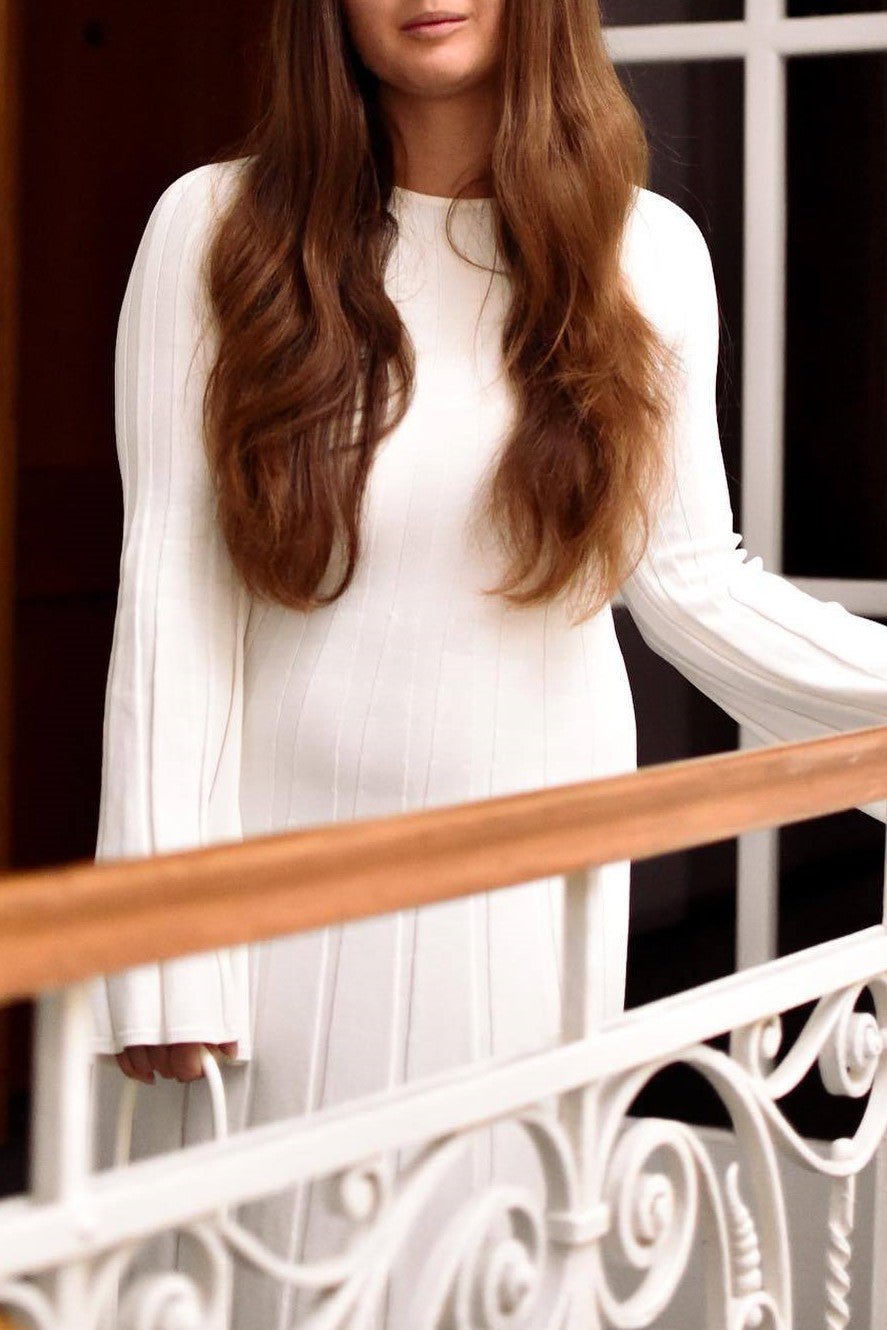 Backless Rib Knit Maxi With Bell Sleeves - White - 7