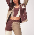 Colorblock Patchwork Raw Hem Denim Jacket - BROWN