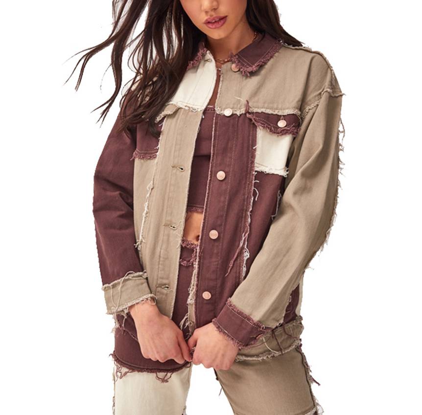 Colorblock Patchwork Raw Hem Denim Jacket