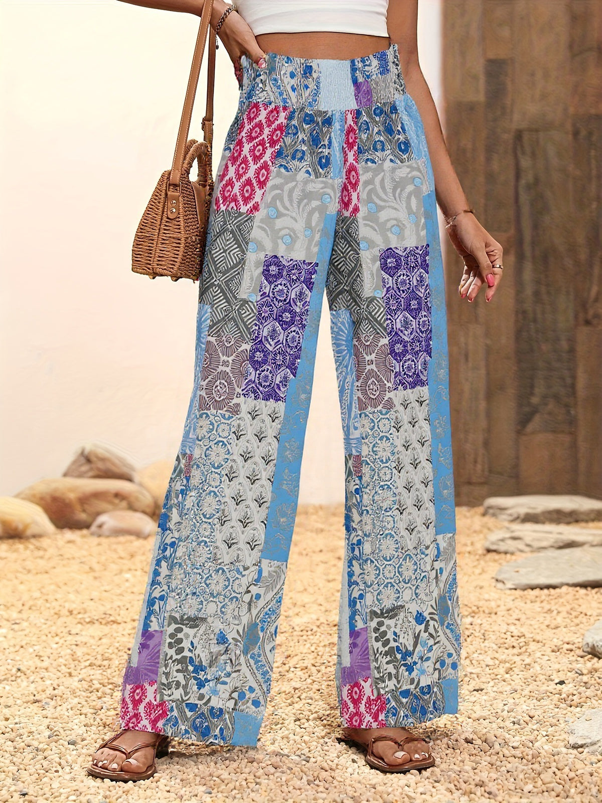 Patchwork Print Wide Leg Palazzo Pants - Blue