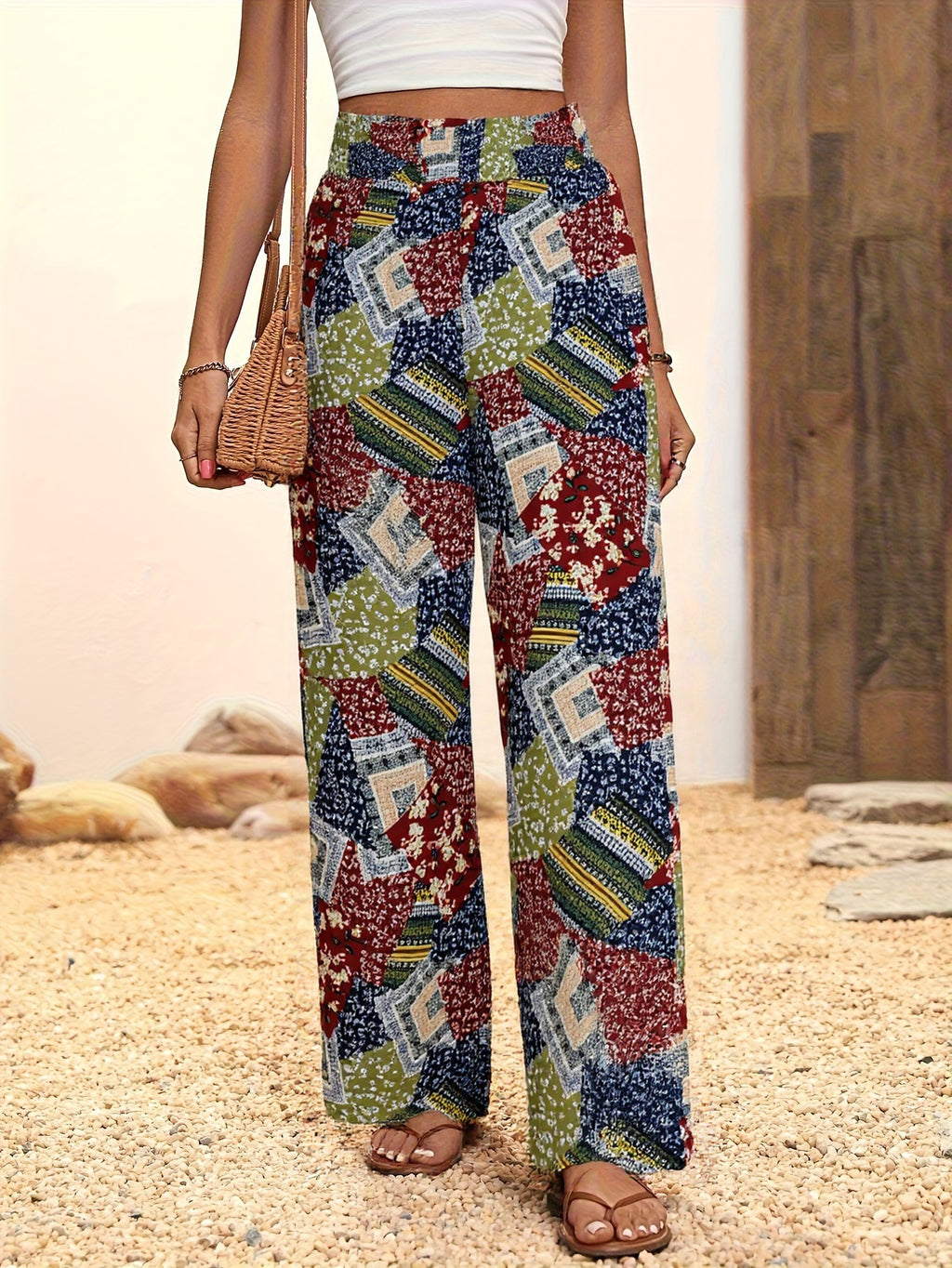 Patchwork Print Wide Leg Palazzo Pants - Olive