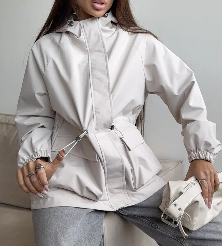 Hooded Drawstring Waist Trench Coat - Apricot