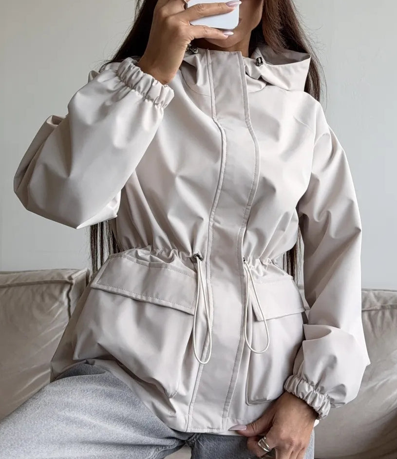 Hooded Drawstring Waist Trench Coat - Apricot - 1
