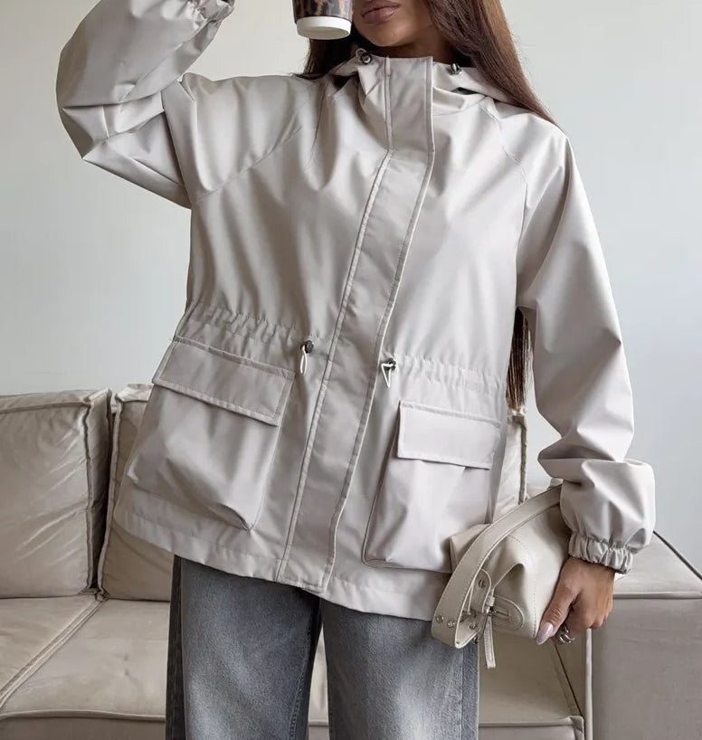 Hooded Drawstring Waist Trench Coat - Apricot - 2