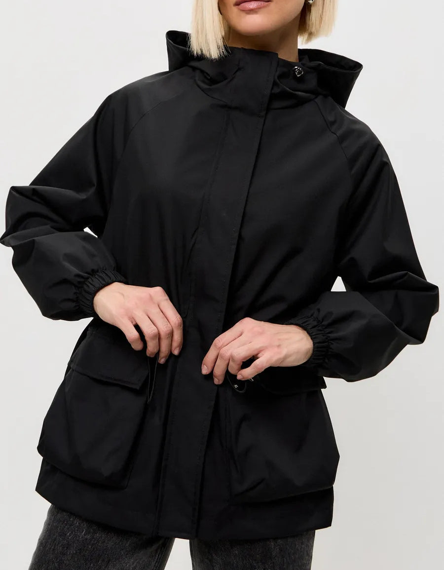 Hooded Drawstring Waist Trench Coat - Black