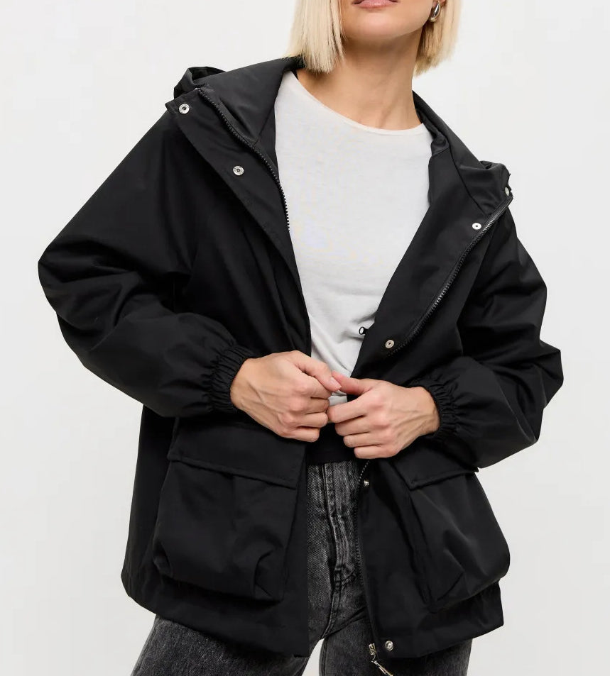 Hooded Drawstring Waist Trench Coat - Black - 1
