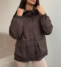 Hooded Drawstring Waist Trench Coat - Coffee