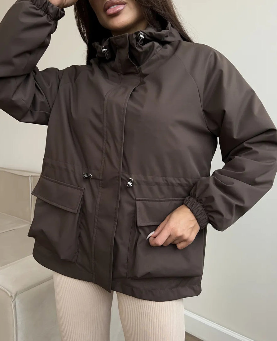 Hooded Drawstring Waist Trench Coat - Coffee - 2