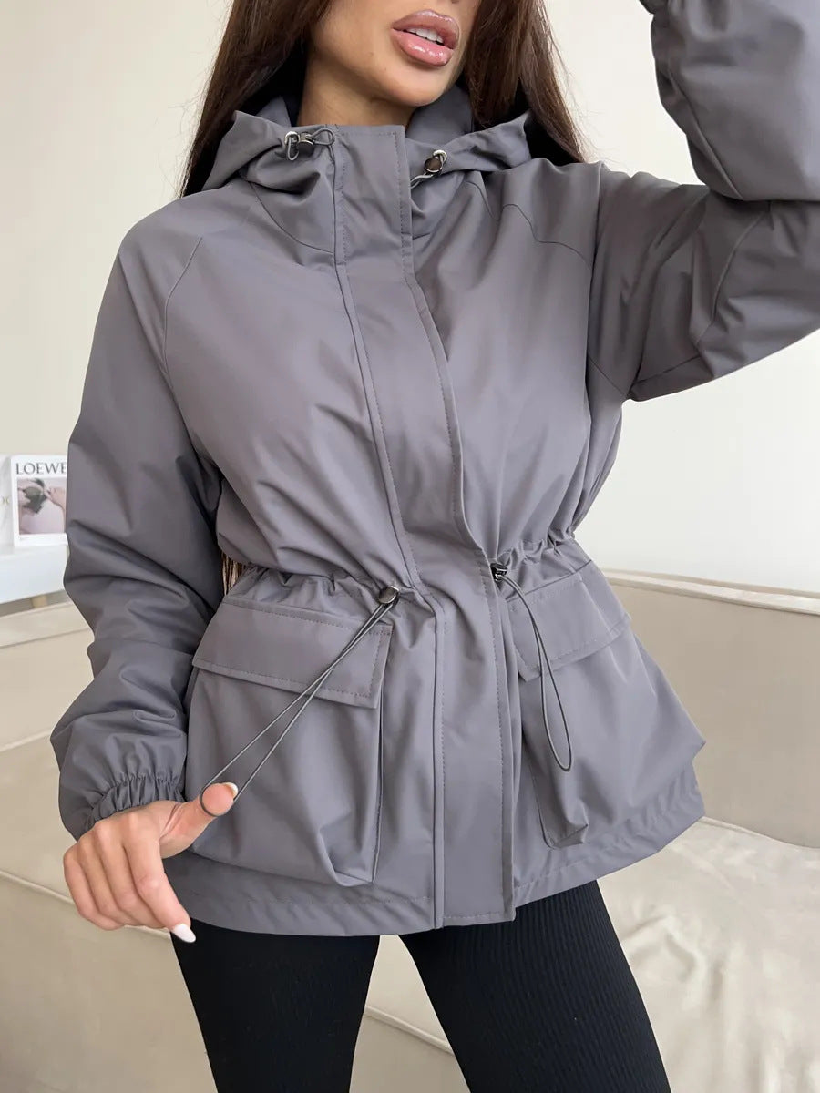 Hooded Drawstring Waist Trench Coat - Grey