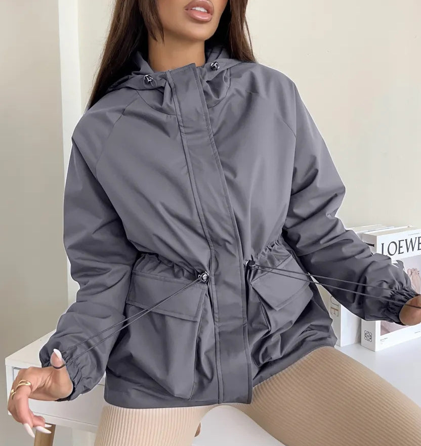 Hooded Drawstring Waist Trench Coat - Grey - 1