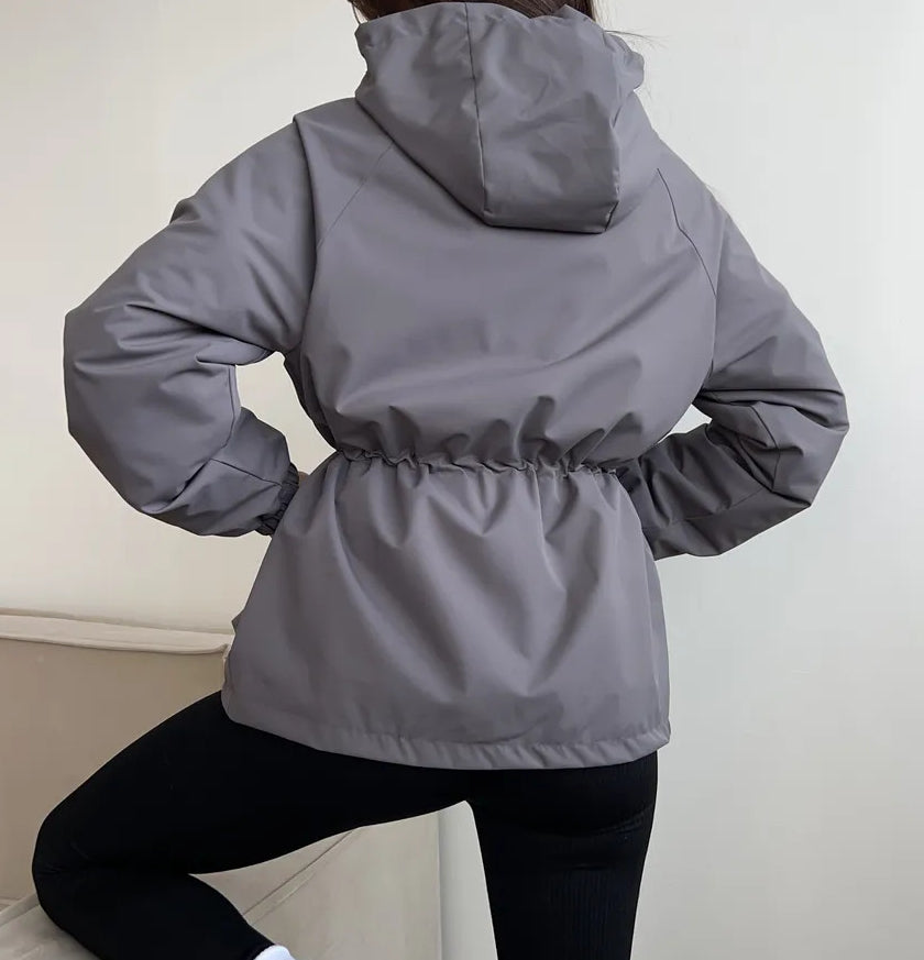 Hooded Drawstring Waist Trench Coat - Grey - 2