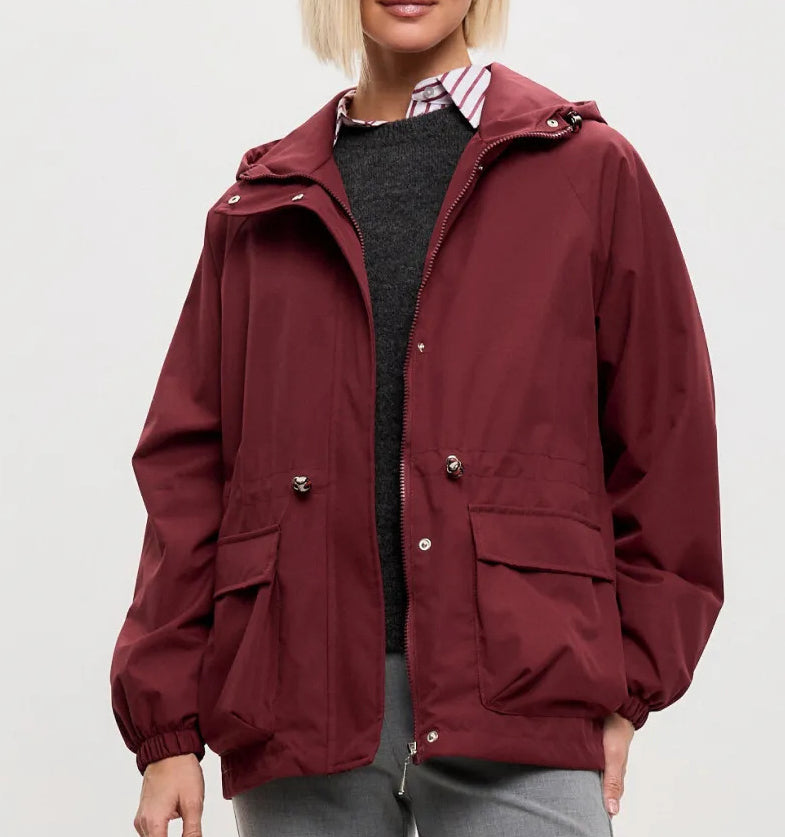 Hooded Drawstring Waist Trench Coat - Wine_red