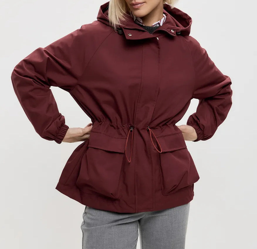 Hooded Drawstring Waist Trench Coat - Wine_red - 1