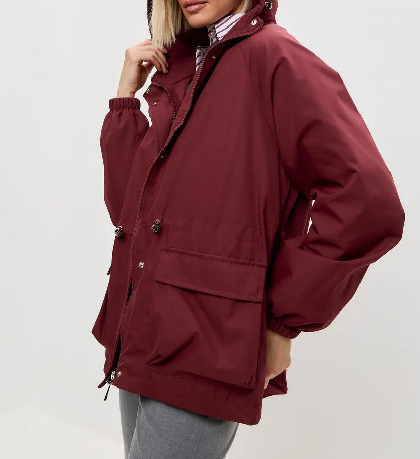 Hooded Drawstring Waist Trench Coat - Wine_red - 2