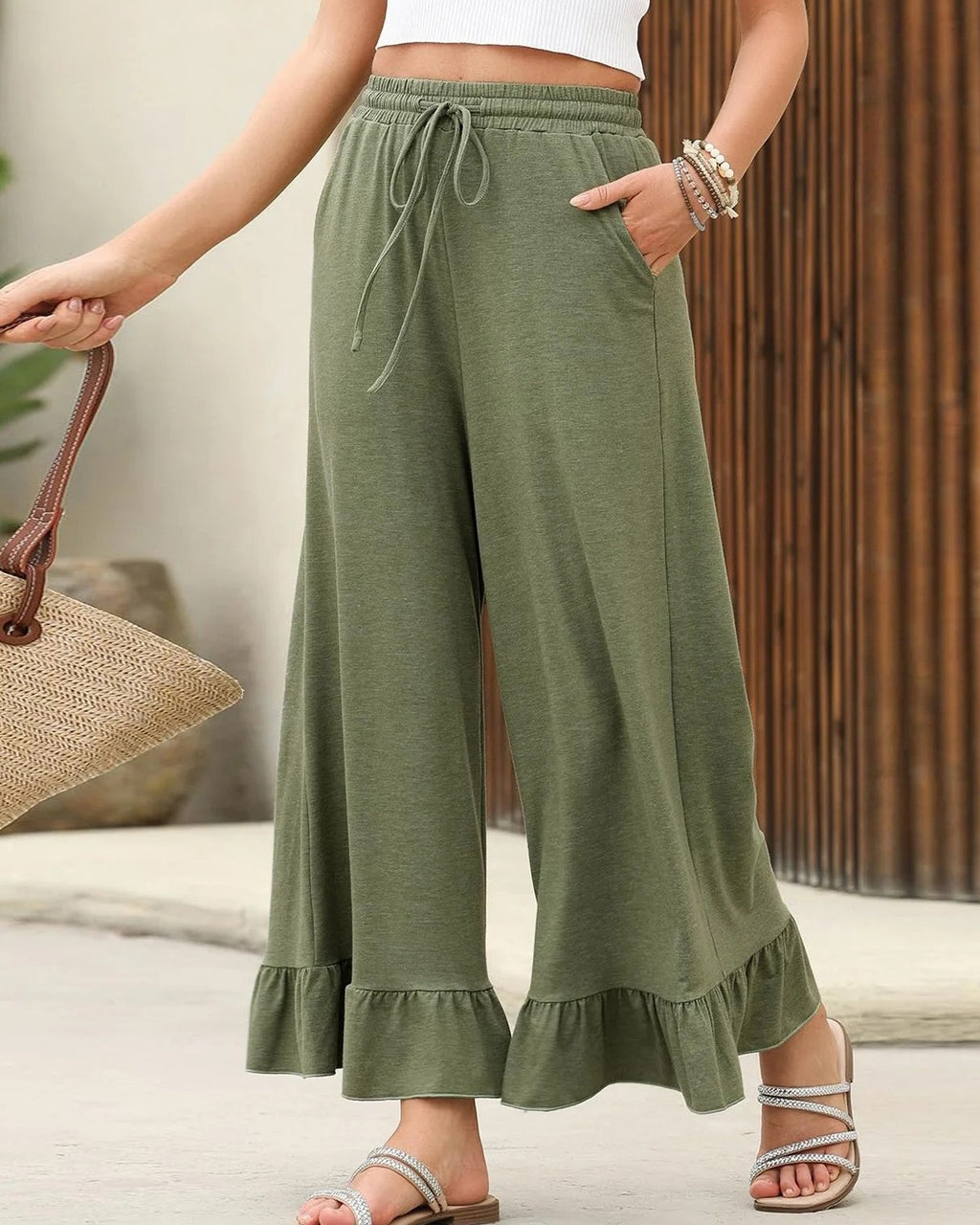 Ruffle Hem Wide Leg Drawstring Pants - Green