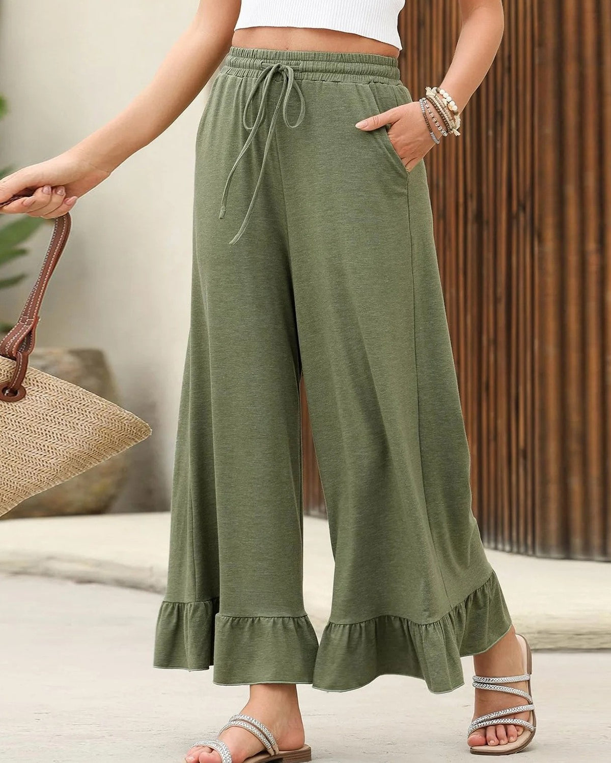 Ruffle Hem Wide Leg Drawstring Pants - Green