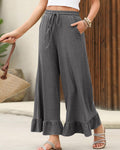 Ruffle Hem Wide Leg Drawstring Pants - Grey
