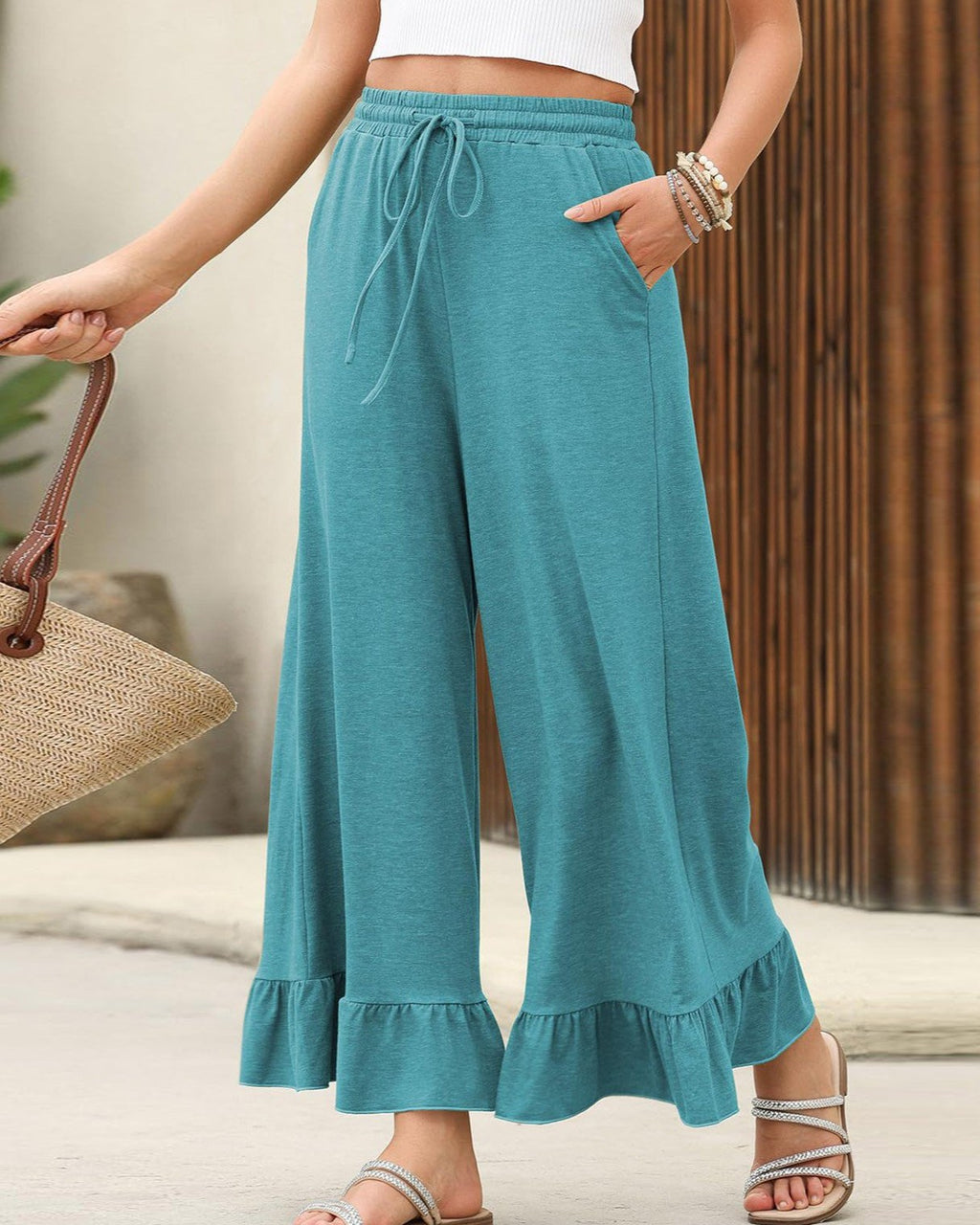 Ruffle Hem Wide Leg Drawstring Pants - Peacock