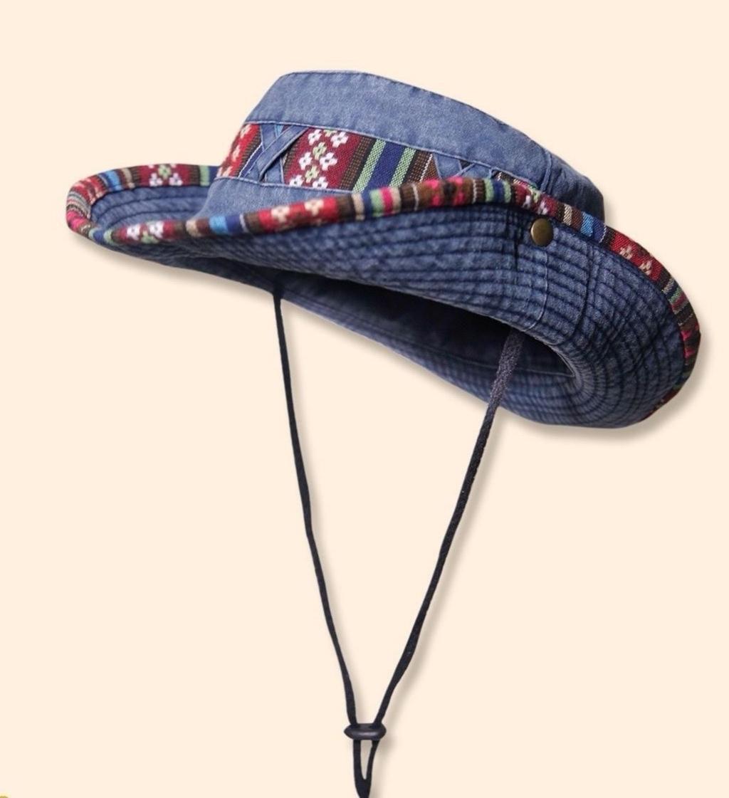 Aztec Trim Wide Brim Hiking Bucket Hat - Blue