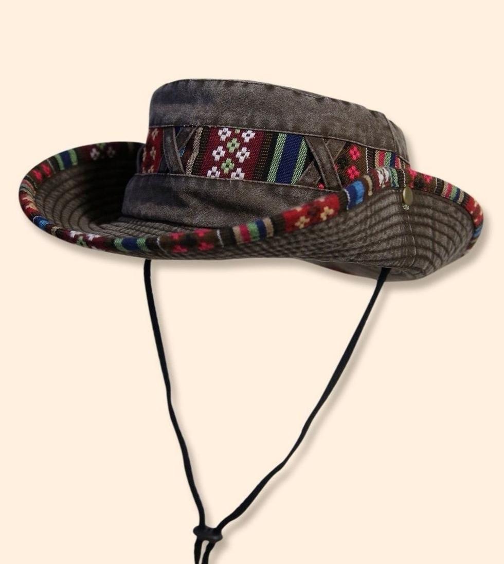 Aztec Trim Wide Brim Hiking Bucket Hat - Coffee