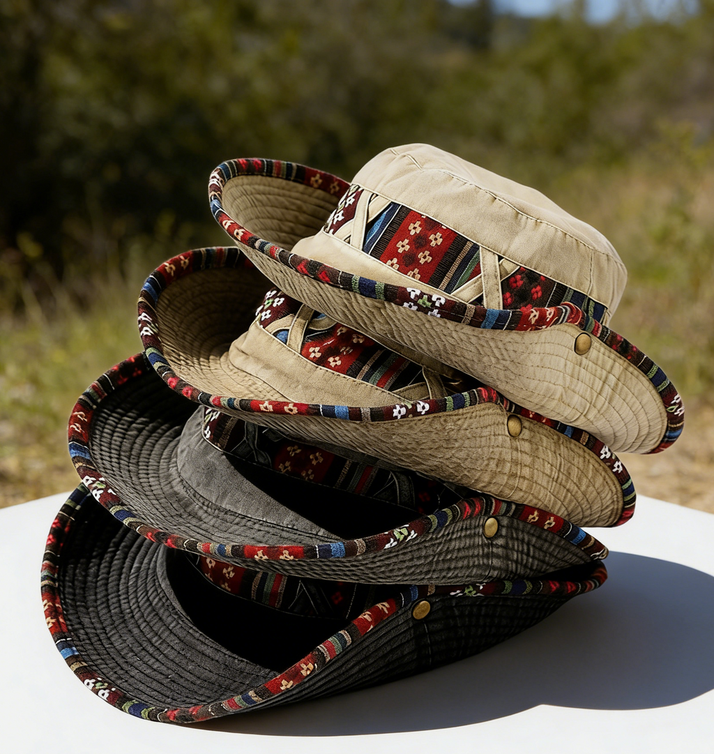Aztec Trim Wide Brim Hiking Bucket Hat - DKhaki