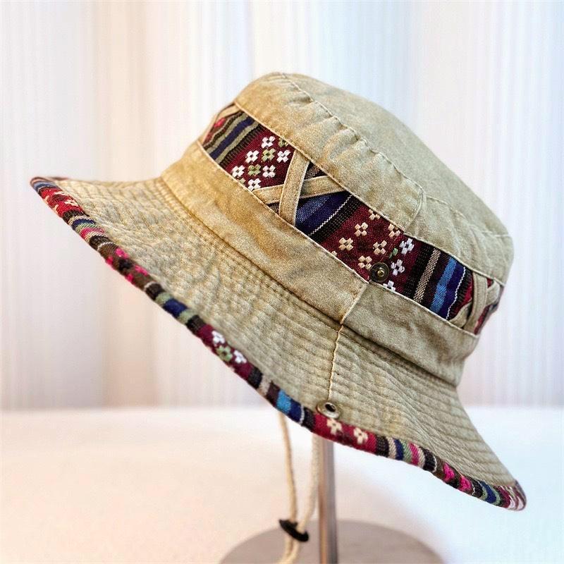Aztec Trim Wide Brim Hiking Bucket Hat - DKhaki - 1