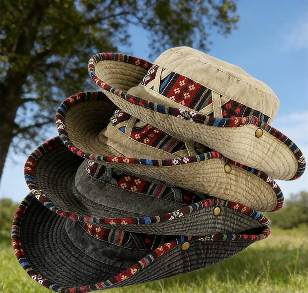 Aztec Trim Wide Brim Hiking Bucket Hat - DKhaki - 2