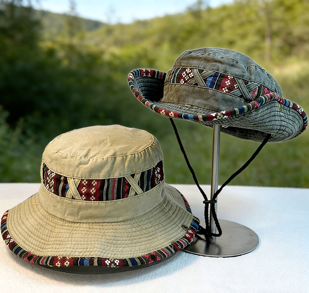 Aztec Trim Wide Brim Hiking Bucket Hat - DKhaki - 3