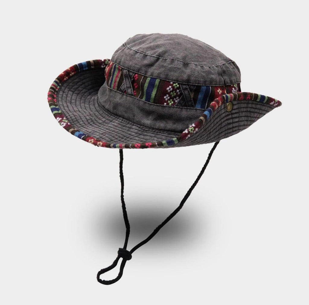 Aztec Trim Wide Brim Hiking Bucket Hat - Gray