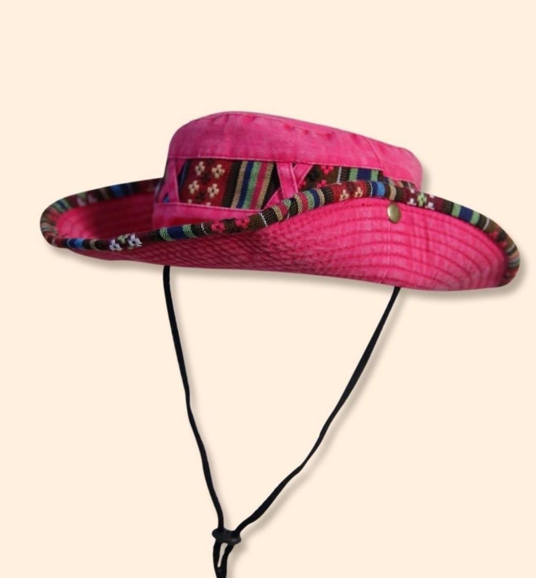 Aztec Trim Wide Brim Hiking Bucket Hat - Rose_red