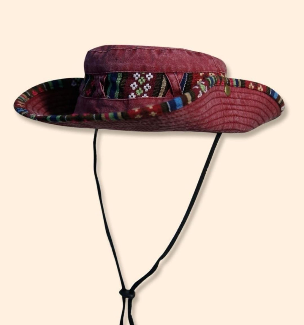 Aztec Trim Wide Brim Hiking Bucket Hat - Wine_red