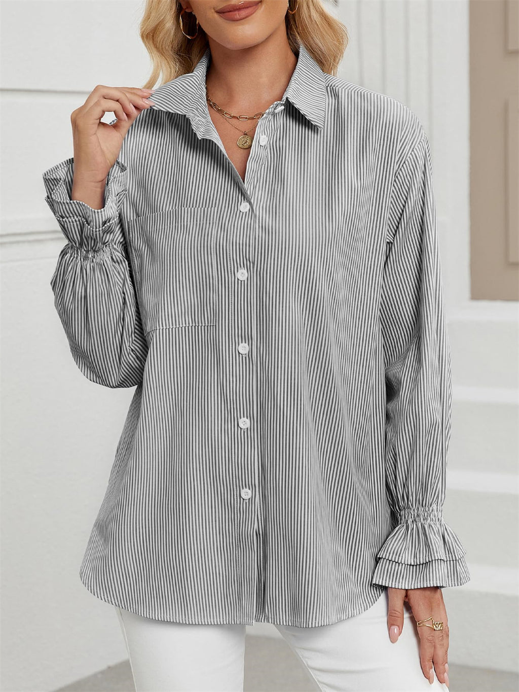 Ruffle Cuff Striped Oversized Button Up Shirt - Black