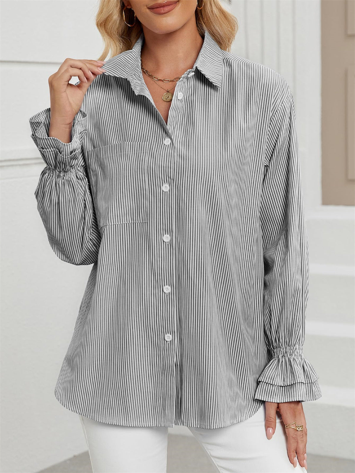 Ruffle Cuff Striped Oversized Button Up Shirt - Black