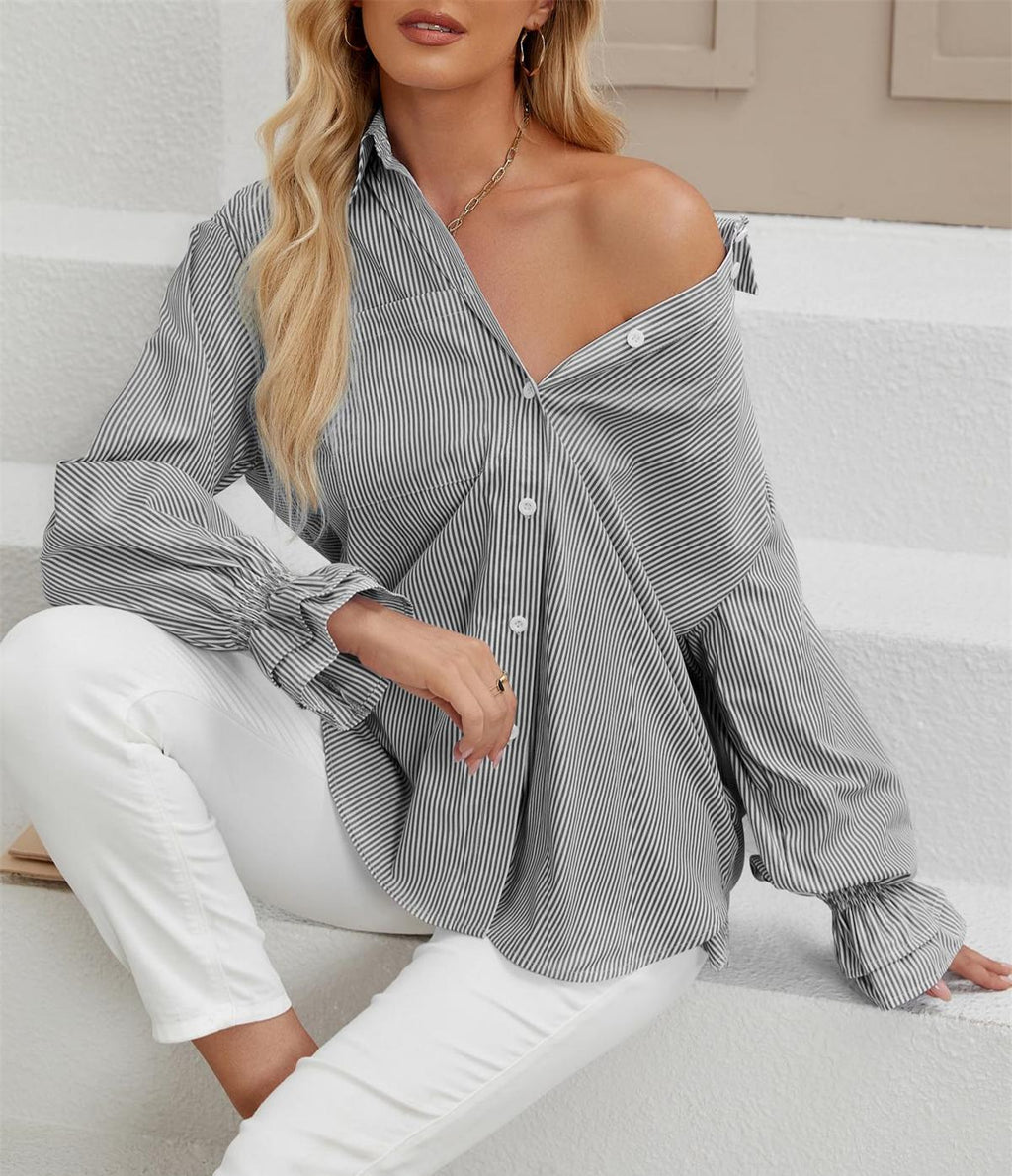Ruffle Cuff Striped Oversized Button Up Shirt - Black - 1