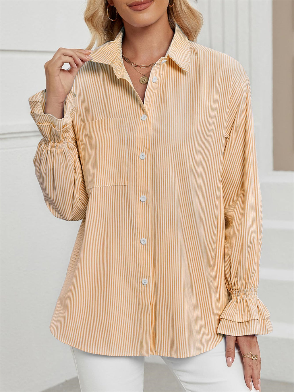 Ruffle Cuff Striped Oversized Button Up Shirt - Orange
