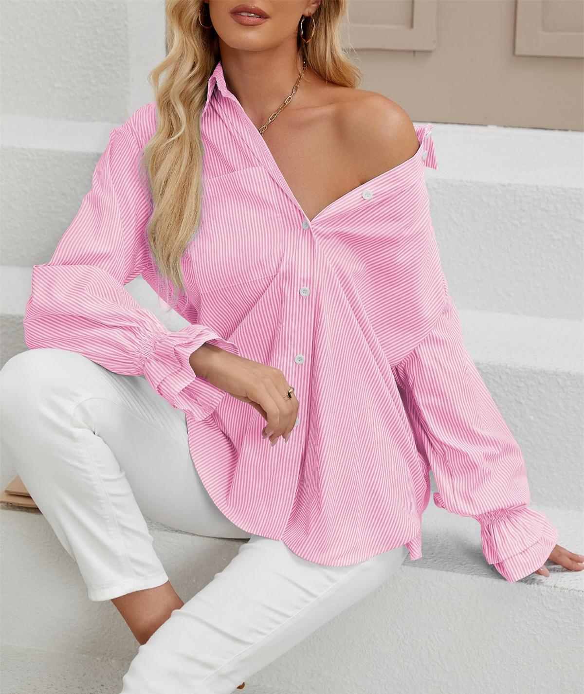 Ruffle Cuff Striped Oversized Button Up Shirt - Pink - 1
