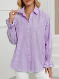 Ruffle Cuff Striped Oversized Button Up Shirt - Purple