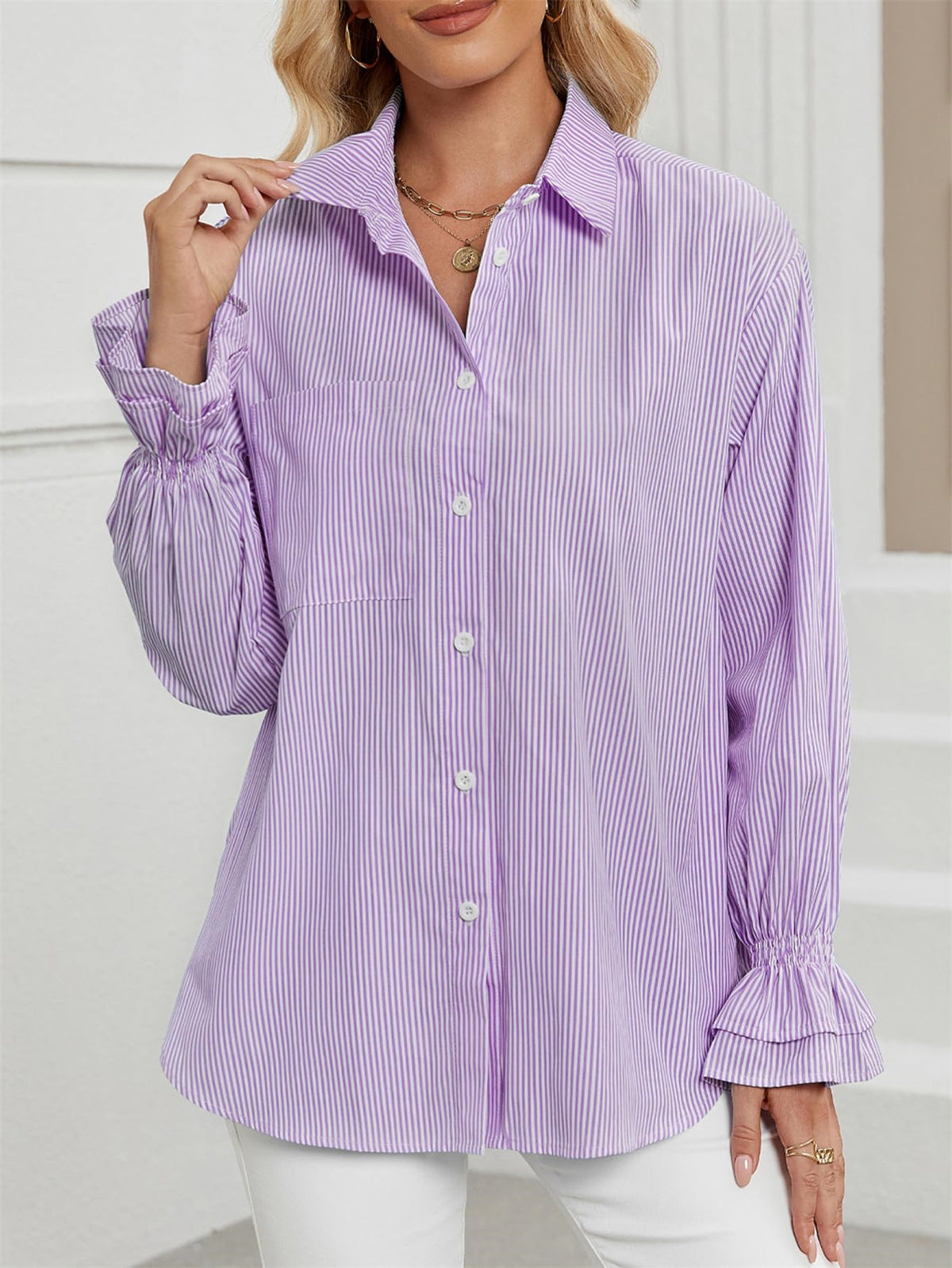 Ruffle Cuff Striped Oversized Button Up Shirt - Purple