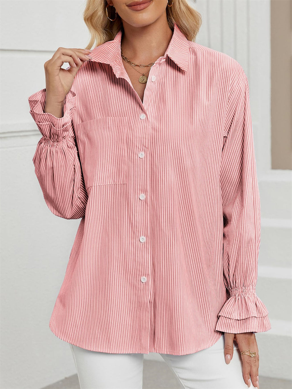 Ruffle Cuff Striped Oversized Button Up Shirt - Red